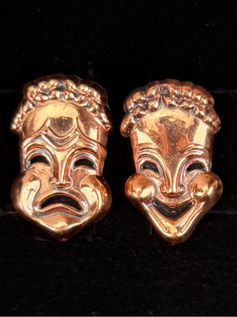 Vintage Renoir Copper Comedy Tragedy Theater Mask Clip On Earrings